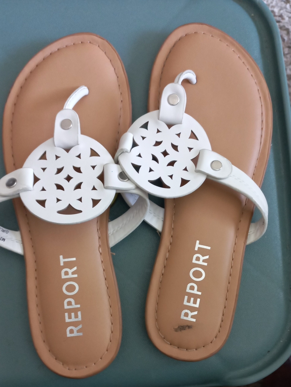 Report White Laser-Cut Medallion Thong Sandals